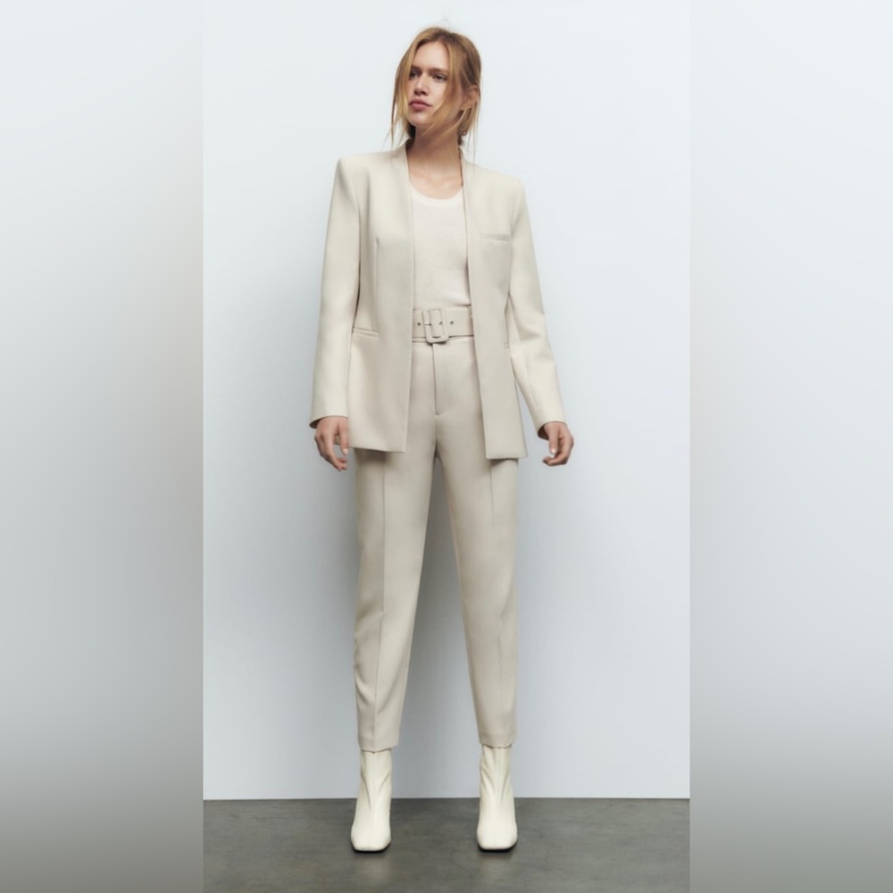 ZARA Pants with Fabric-Covered Belt in color Ecru. NWT